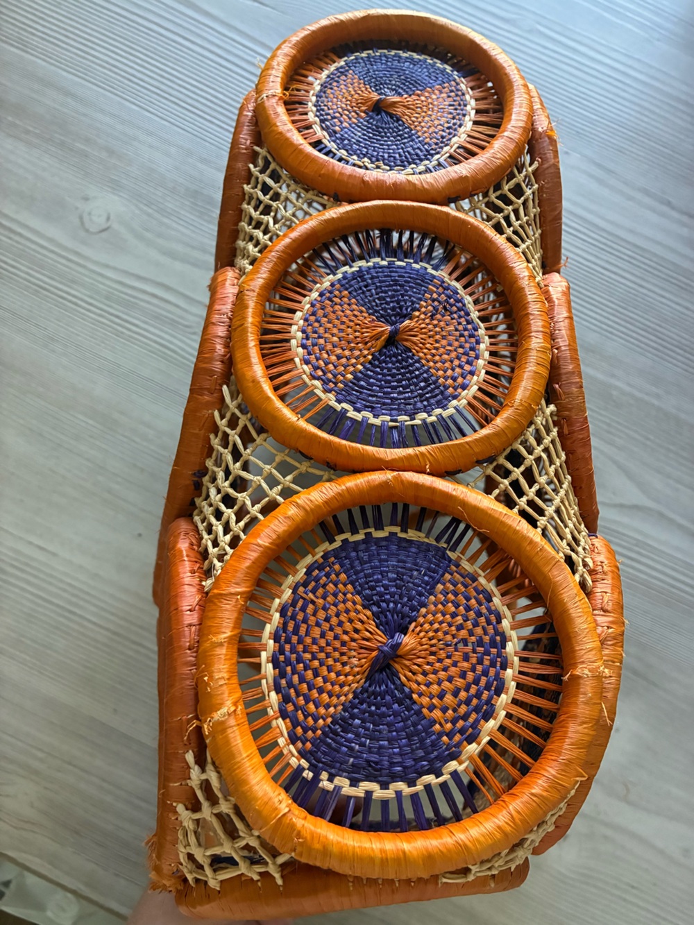 Handwoven Blueish Purple and Orange Rafia Loop Market Bag - Picture 3 of 5